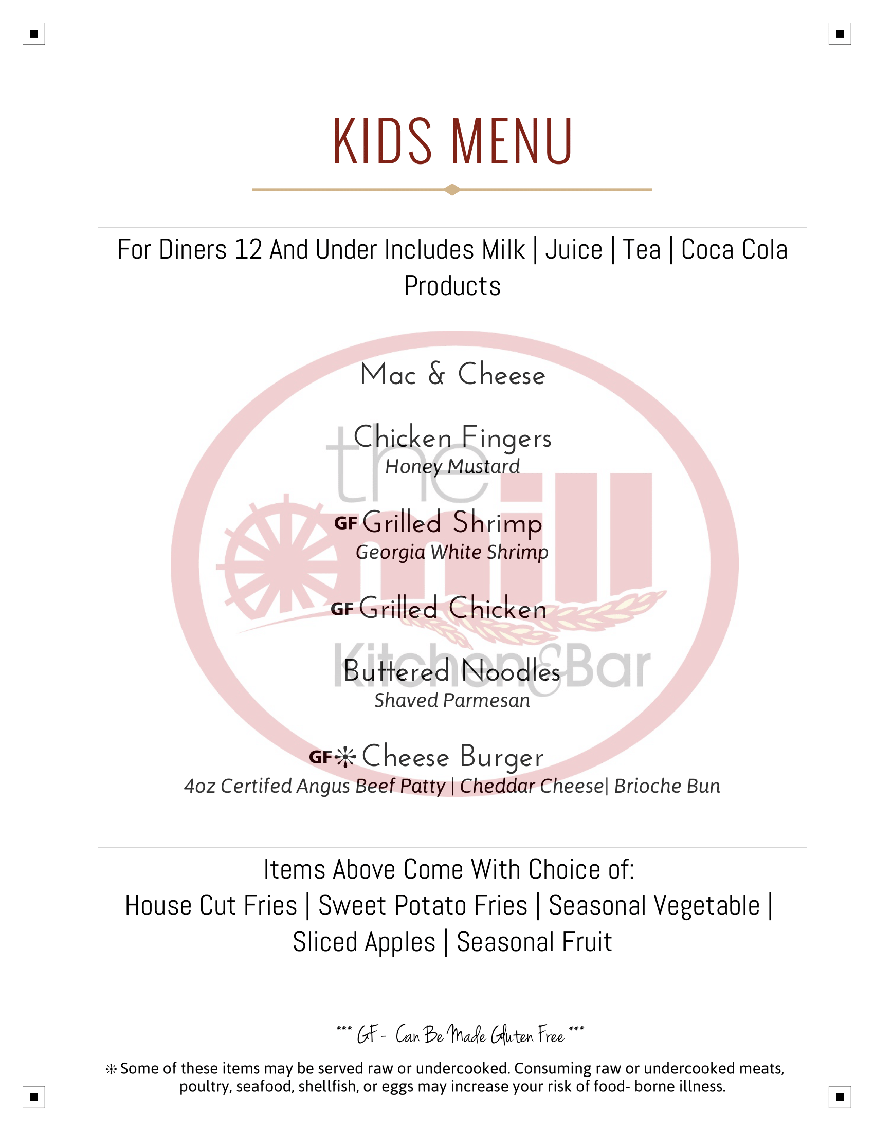 Kids's Menu The Mill Kitchen and Bark